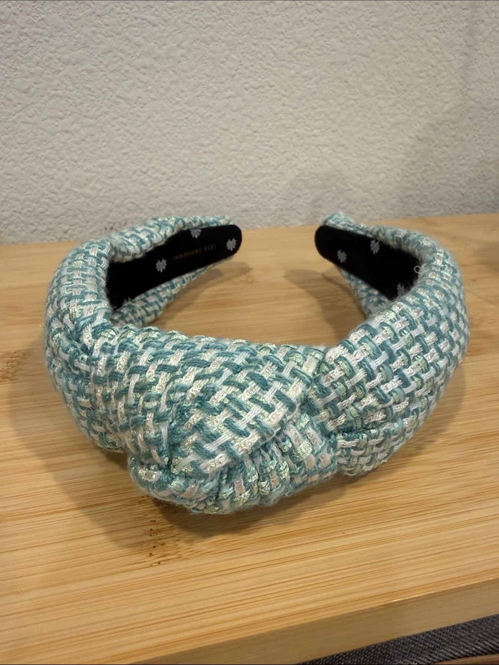 Lele Sadoughi Green and White Tweed Knotted Headband